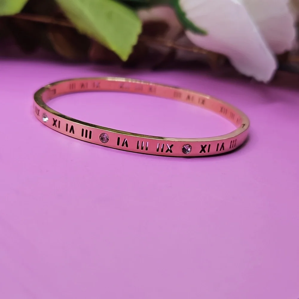 Roman Numeral Bangle Bracelet Rose Gold Stainless Steel Engraved CZ Accents NEW
